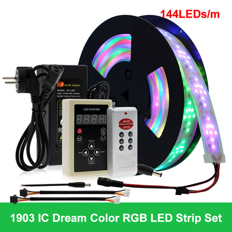 DC12V 16.4ft/5m SMD 5050 RGB Horse Race LED Light Kit With 133 Program RF Controller Holiday Decoracion Fairy, 144LEDs/M, Color Changing LED Light Strip